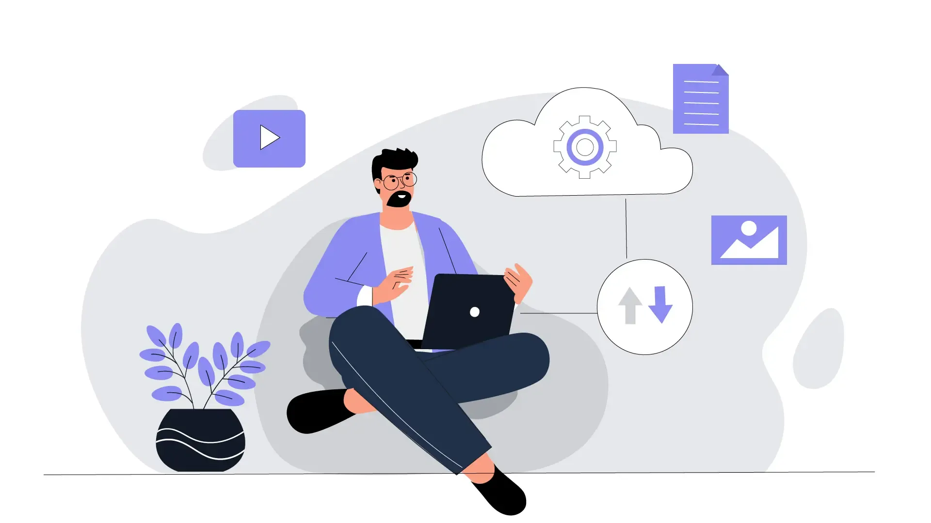 Connected in the Cloud Man Working on Laptop in Modern 2D Illustration image